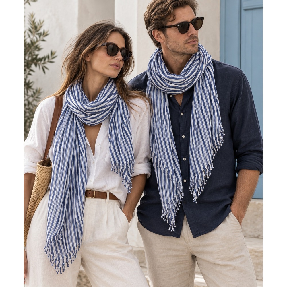 Halo And Swan Organic Cotton COTE EST STRIPE- Blue White Hand Block Print Scarf